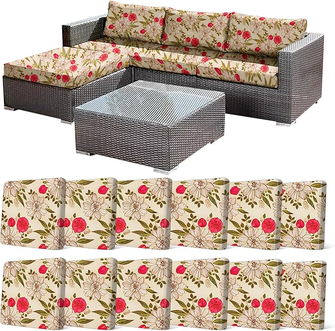 12Pcs Stretch Patio Cushion Cover, Floral Couch & Sofa Slipcovers for Patio Furniture Cushions Washable Reusable Couch Covers Replacement for All-Season (Rosy Pink Floral,Cover Only) by CALBODE