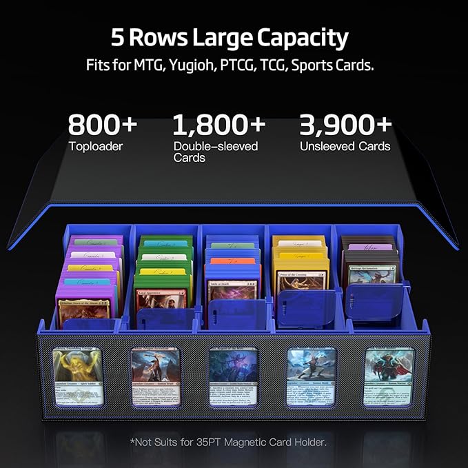 Trading Card Storage Box 5-Row 3900+ Capacity,TCG MTG Card Case with Magnetic Lid & Commander Display,Top Loader Storage for Sports Cards,Includes Dividers Dice Box（Black＆Blue） - Image 3