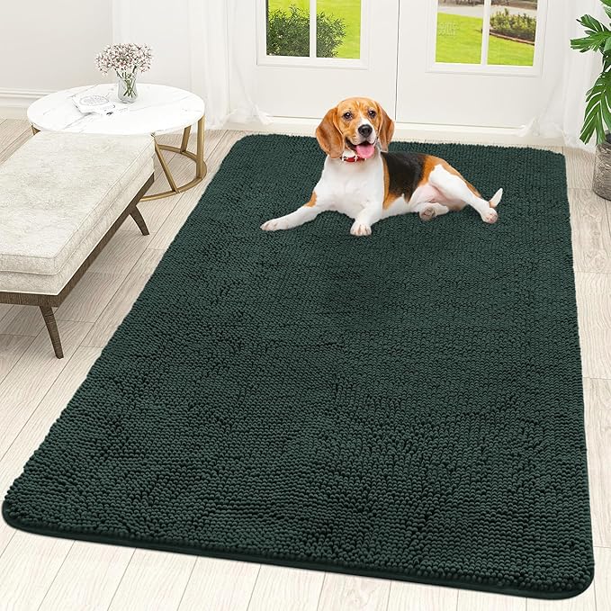 OLANLY Dog Door Mat for Muddy Paws 59x35, Absorbs Moisture and Dirt, Absorbent Non-Slip Washable Doormat, Quick Dry Chenille Mud Mat, Entry Indoor Entryway Carpet for Inside Floor, Blackish Green by OLANLY