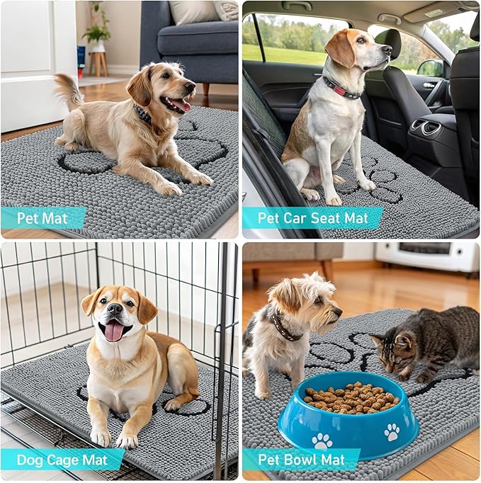 OLANLY Dog Door Mat for Muddy Paws 48x30, Paw Print Design, Absorbs Moisture and Dirt, Absorbent Non-Slip Washable Doormat, Quick Dry Chenille Mud Mat for Dogs, Entry Indoor Entryway Carpet, Grey - Image 7