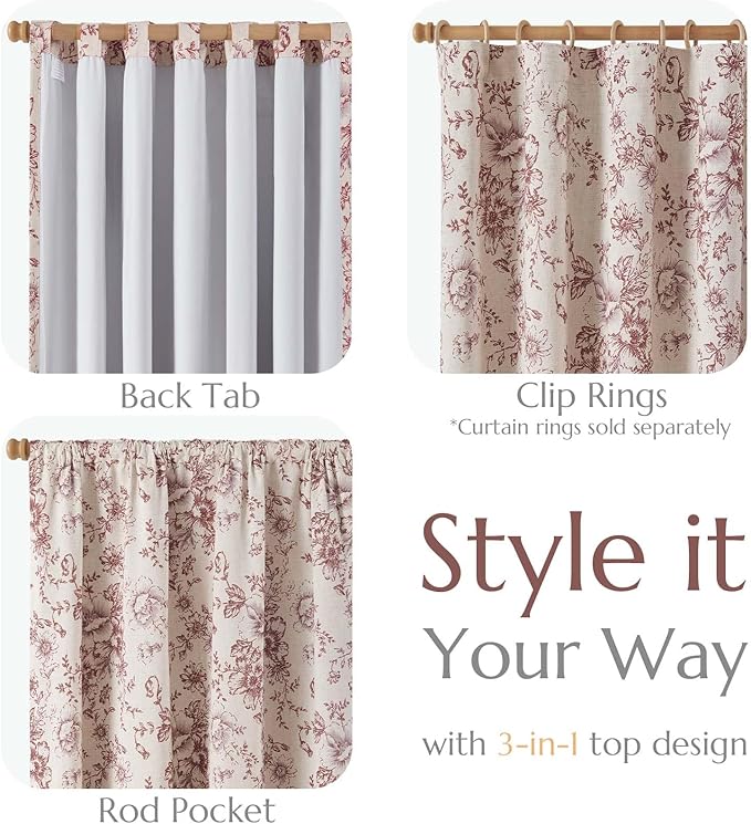 jinchan Blackout Floral Curtains Linen Blend Curtain for Living Room 84 Inch Length Farmhouse Brick Red Flower Printed Drapes for Bedroom Rod Pocket Back Tab Curtains Set 2 Panels - Image 4