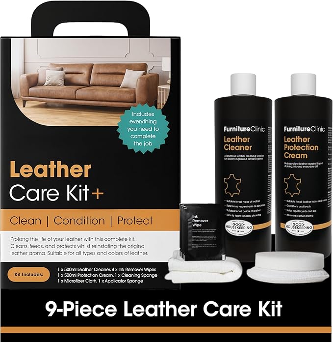 Furniture Clinic Large Leather Care Kit | Leather Cleaner + Conditioning Protection Cream for Furniture | Two 17oz Bottles + 1 Sponge & 1 Cloth | Restore Leather Couches, Car Seats, Jackets, & Boots by FurnitureClinic