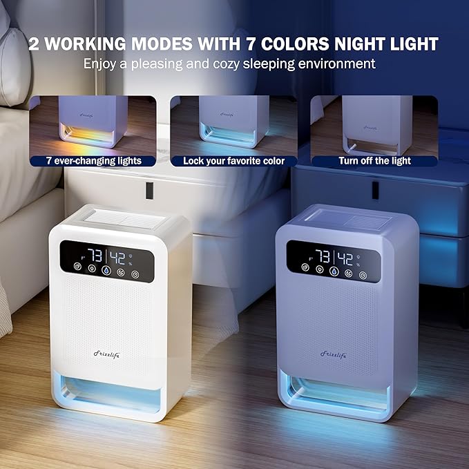 Frizzlife DH80 Air Dehumidifier, 135oz Water Tank W/Purifying Function, Quiet Small Dehumidifiers With Sleep Mode For Home, Bedroom, Bathroom, Basement W/Auto Shut Off, 7 Colors LED Light, White - Image 5