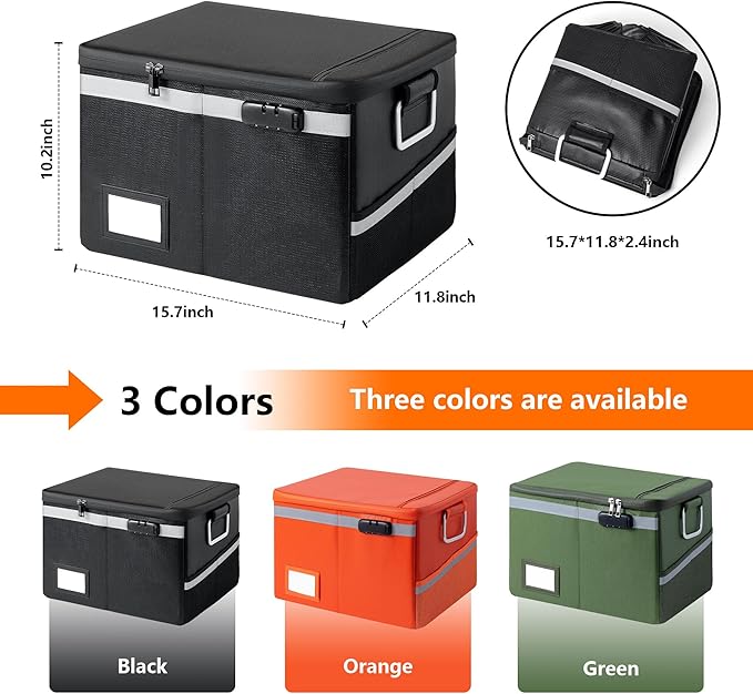 Fireproof Waterproof Document Box with Lock - Collapsible Portable File Organizer Hard Shell Storage for Hanging Letter/Legal Folders Home Office Safe (Black, 15.7x11.2x10.2in) - Image 6