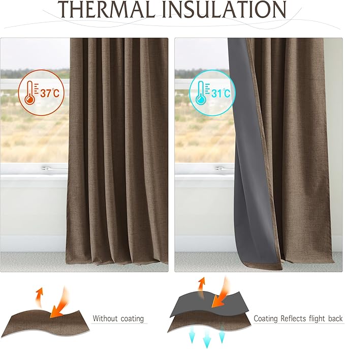 RYB HOME 100% Blackout Polyester Textured Curtains 90 inches Long, Thermal Insulating Privacy Energy Saving for Bedroom Living Room Window Office Theater Dining Nursery, W52 x L90 in, Coffee, 2 Panels - Image 5