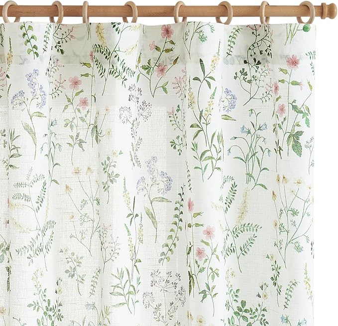 jinchan Floral Linen Blend Curtains for Living Room 63 Inch Length French Country Farmhouse Printed Curtains Sage Green on White Rod Pocket Back Tab Light Filtering Window Drapes 2 Panels - Image 8