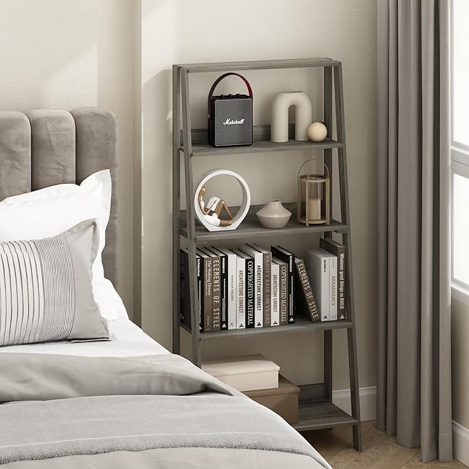 Furinno Ladder Book Shelf, 5-Tier Ladder Shelf, Bookshelf, Display Storage Shelves, 13 x 23.6 x 53.5, for Living Room, Home Office, Grey Oak - Image 2