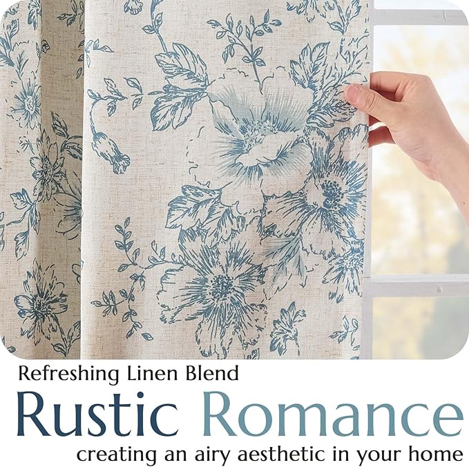 jinchan Blackout Linen Blend Curtain Floral Blackout Curtains for Living Room 63 Inch Length Blue Printed with Lined Blackout Curtain for Bedroom Farmhouse Curtains Set 2 Panels - Image 5