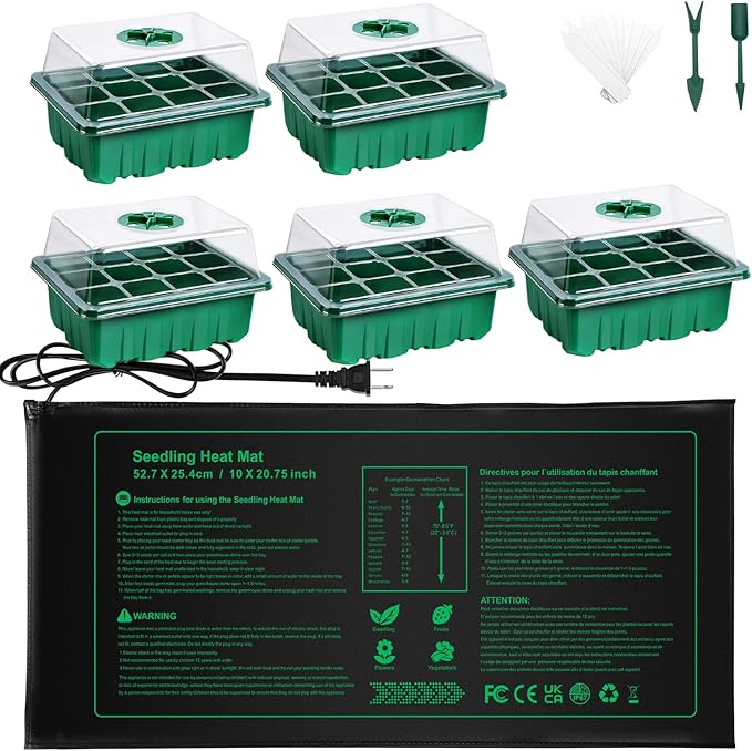 NAMOTEK Plant Heat Mat with 5 Set Seed Starter Tray & Humidity Domes, 60 Cell Trays Germination Station Cloning Kit by NAMOTEK