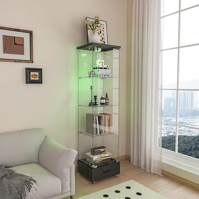 Yoluckea 4 Tiers Glass Display Cabinet with LED Lighting and Drawer, 1 Door Floor Standing Curio Cabinet with Wheel for Home, Office, Corner Display, Black Glass Bookshelf for Collections and Decor - Image 7