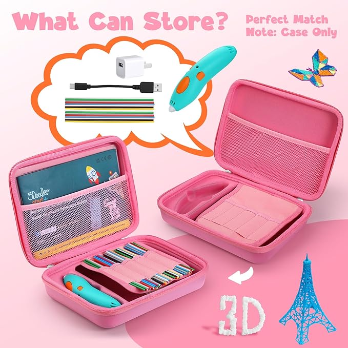 Case Compatible with 3Doodler Start+ Essentials for 3D Pen Set for Kids, Carrying Holder Fit for Printing Pens, Storage Organizer for Printing Filament Refill, Micro-USB Charger (3D-05-Pink) - Image 2