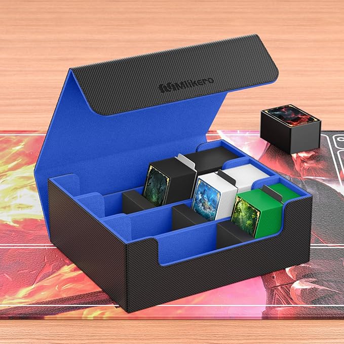 Mlikero Card Deck Case, 1800+ Trading Card Storage Box with 10 Dividers and 3 Foam Stoppers, Leather Magnetic Closure Commander Deck Box Fit for YuGiOh, MTG and Sport Cards(Black&Blue) - Image 7
