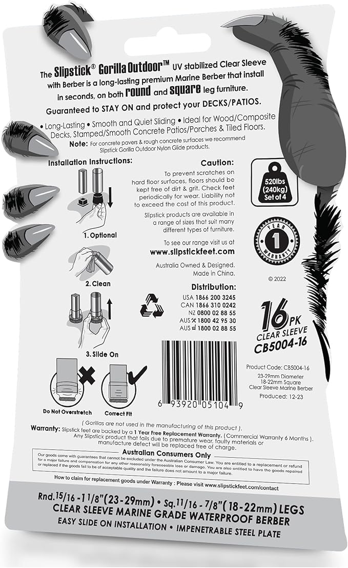 Slipstick GorillaOutdoor Berber Furniture Feet Pads with Clear Sleeve Sock (16 Pack) Outdoor Furniture Sliders for Round & Square Legs, Small - Image 6