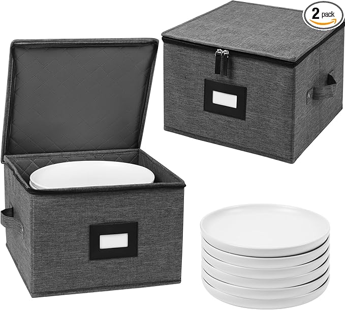 Mayniu China Storage Containers Hard Shell, 12" Plate Storage Containers for Dishes, Stackable Dinnerware Storage with 24 Felt Dividers (2 Pack Black) by Mayniu