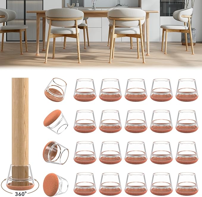 24PCS Upgraded Silicone Chair Leg Floor Protectors for Hardwood Floors, Furniture Sliders for Chair Legs, 360°Felt Pad Bottom Wrapped Thickening Furniture Pads Cap Covers to Scratch and Reduce Noise by Violibar