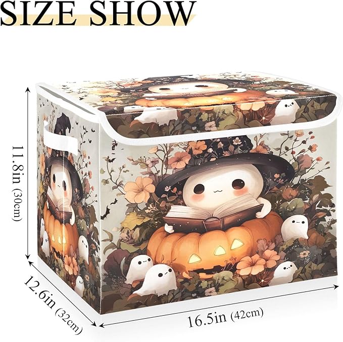 xigua Ghost Wearing Witch Hat Storage Bins with Lids and Carrying Handle,Foldable Storage Boxes Organizer Containers Baskets Cube with Cover for Home Bedroom Closet Office - Image 3