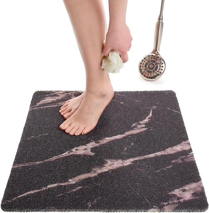 Enkosi Loofah Shower Mat Non Slip – Square Anti Slip Bath Mat for Inside Showers, Bathtub, Tub, Bathroom - Cushioned, Quick Dry PVC with Drain Holes - Secure Grip Safety Pad (Marble Black 24x24) by ENKOSI