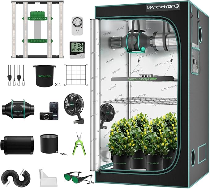 Mars Hydro 3x3 Smart Grow Tent Kit Complete System,FC-E3000 APP Control Dimmable 1184Pcs LED Grow Light,1680D High Reflective Mylar,with Smart WiFi Control Ventilation System,10 Speed Clip Fan by MARSHYDRO