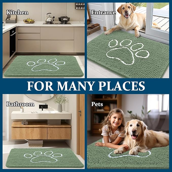 OLANLY Dog Door Mat for Muddy Paws 36x24, Paw Print Design, Absorbs Moisture and Dirt, Non-Slip Washable Doormat, Quick Dry Chenille Mud Mat, Entry Indoor Entryway Carpet, Olive Green and White - Image 8