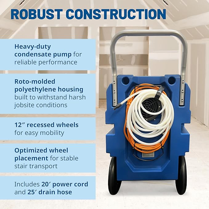 BlueDri BDX-150 175PPD Industrial Commercial LGR Dehumidifier with 25-Foot Drain Hose for Job Sites, Coverage area of 15,000 Cubic Feet, Water Damage Restoration Equipment, Blue - Image 5