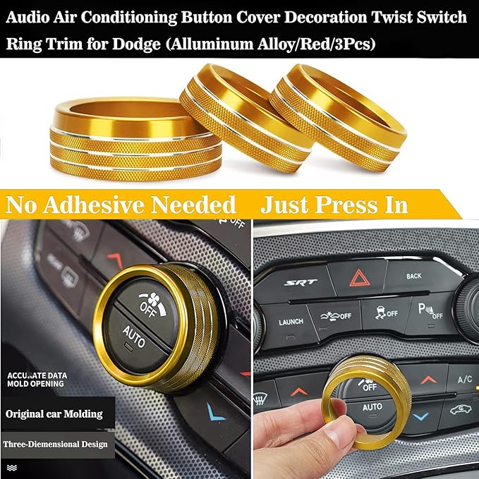 Auprite Climate Control Knob Covers for Challenger Accessories 2015-2023 2024, for Dodge Charger 2015-2023 2024, for Dodge Chrysler 300/300s 2015-2024,3Pcs Kit (Gold) - Image 3