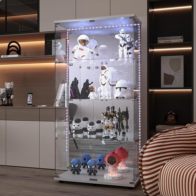 Yoluckea 4 Tiers Glass Display Cabinet with Bluetooth LED Light Strip, 2 Doors Floor Standing Curio Cabinet with Adjustable Feet and Mirror Back Panel, White Glass Bookshelf for Collections, Wood Top by Yoluckea