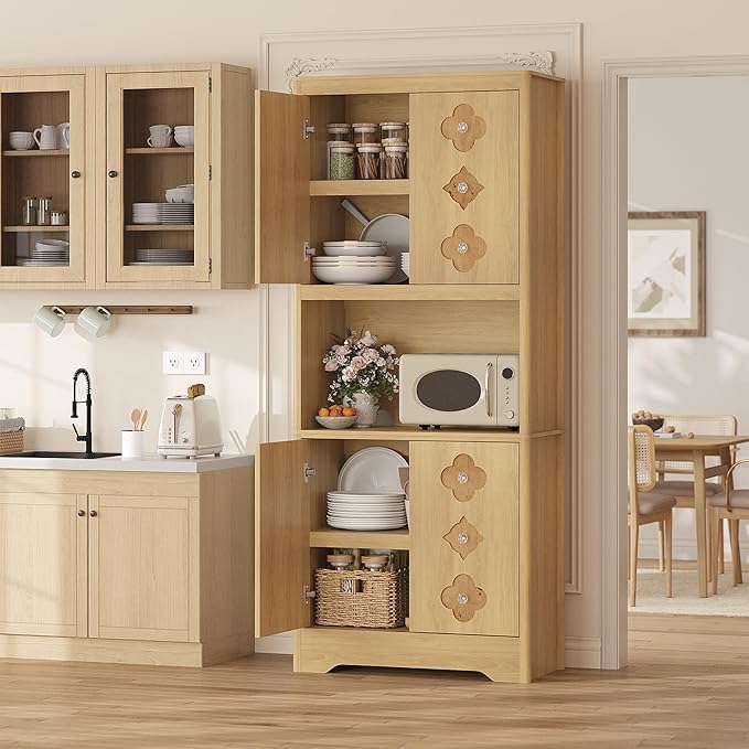 Garvee 72" Tall Pantry Cabinet, Kitchen Hutch Storage Cabinet with Countertop for Microwave, Freestanding Wooden Cupboard with Carved Door & Crystal Handle, for Dining Room, Living Room, Light Oak - Image 7
