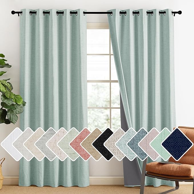 NICETOWN 100% Absolutely Blackout Linen Curtains with Thermal Insulated Liner, Seafoam Green, 62" Wide, 84" Length Energy Saving Curtains for Living Room 2 Panels Set, Vertical Blinds by NICETOWN