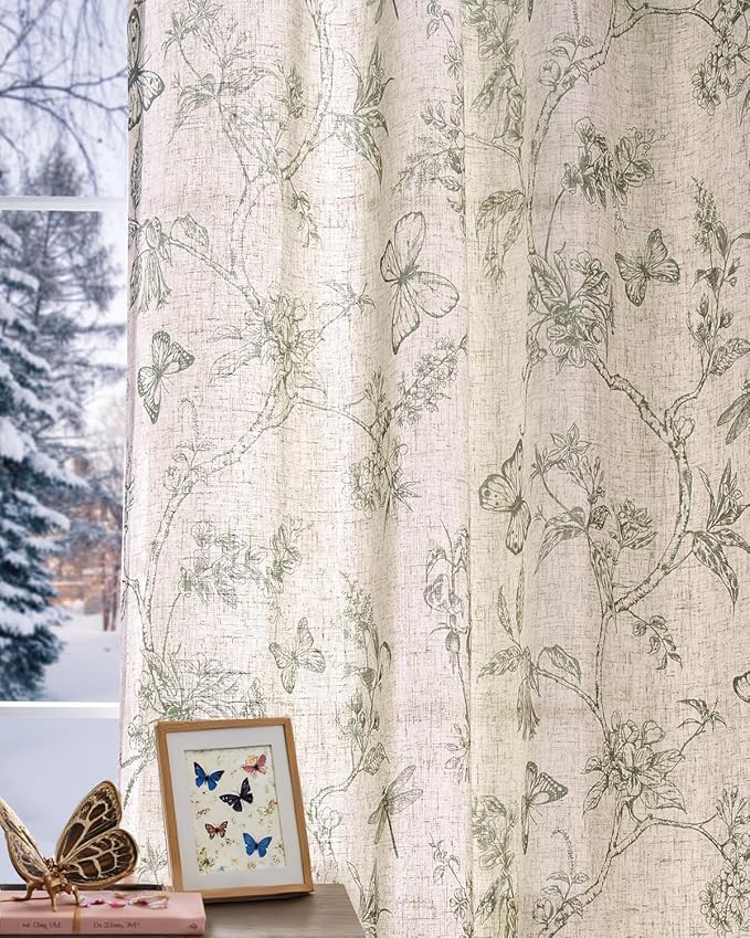 jinchan Floral Linen Curtains for Living Room 63 Inch Length Butterfly Sage Green Floral Curtains French Country Farmhouse Flower Patterned Drapes Window Treatments Set 2 Panels - Image 2