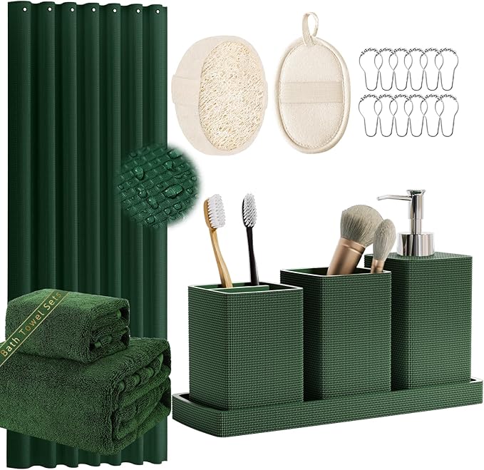 Resin Green Bathroom Set, Dark Green Bathroom Accessories Set with Shower Curtain, Bath Towel Sets, Natural Loofah Sponge, Soap Dispenser, Toothbrush Holder, Bathroom Tumbler and Tray for Bathroom by LetUsMakeHomeYourFavoriteDestination