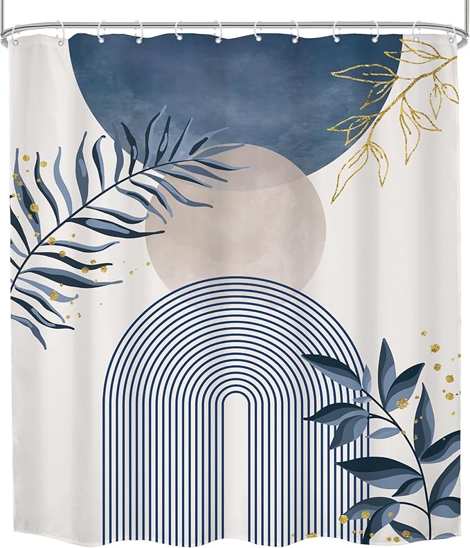 Blue Gray Boho Shower Curtain 72Wx84H Extra Long Dusty Blue Modern Bohemian Abstract Gold Leaf Mid Century Plant Bathroom Decor Minimalist Geometric Bath Curtain Fabric Polyester 12 Pack Hooks - Image 7