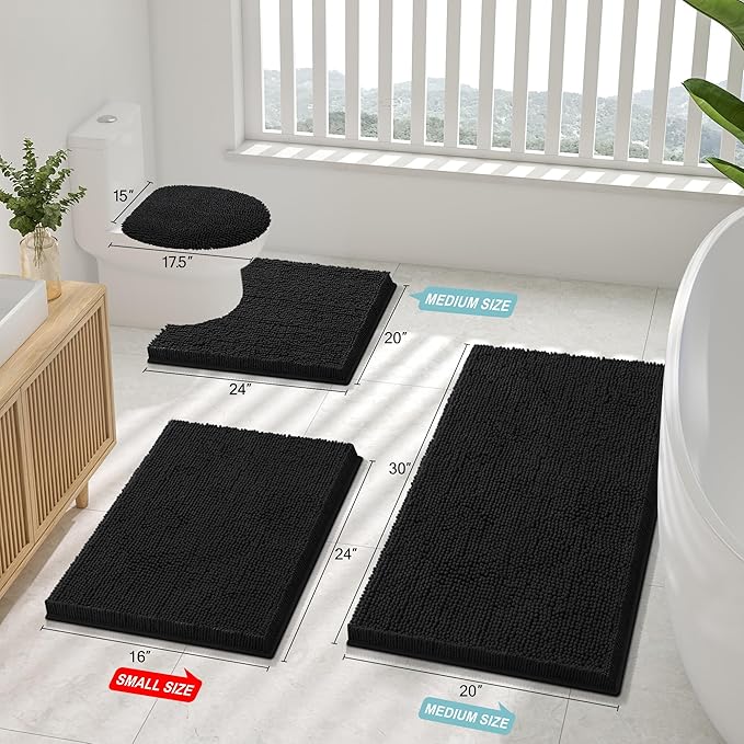 Smiry Luxury Chenille Bathroom Rugs 44x32, Extra Soft and Absorbent Shaggy Bath Mat, Machine Washable, Non-Slip Plush Carpet Runner for Tub, Shower, and Floor, Home Decor Accessories, Black - Image 3
