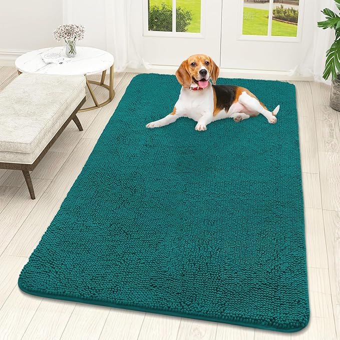 OLANLY Dog Door Mat for Muddy Paws 59x32, Absorbs Moisture and Dirt, Absorbent Non-Slip Washable Doormat, Quick Dry Chenille Mud Mat for Dogs, Entry Indoor Entryway Carpet for Inside Floor, Lake Blue by OLANLY