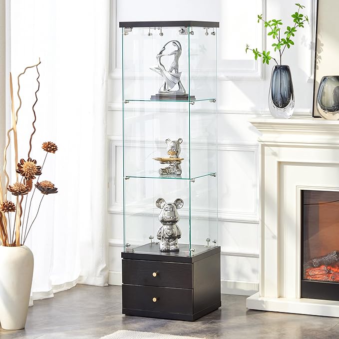 Yoluckea 3 Shelves Glass Display Cabinet with 2 Soft-Close Storage Drawers, Curio Collection Glass Display Case with Door & Lock, Floor Standing Bookshelf Corner Cabinet for Book Toys Glory (Black) - Image 9