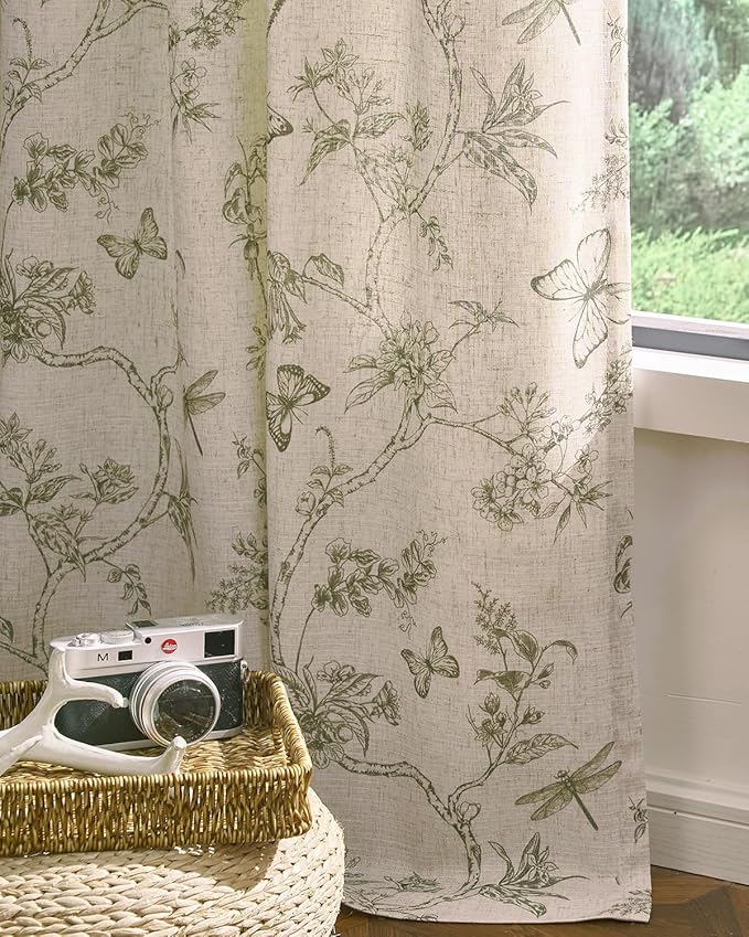 jinchan Floral Linen Curtains for Living Room 84 Inch Length Butterfly Curtain Sage Green Floral Curtains French Country Farmhouse Curtain Flower Patterned Drapes Window Treatment Set 2 Panels - Image 5