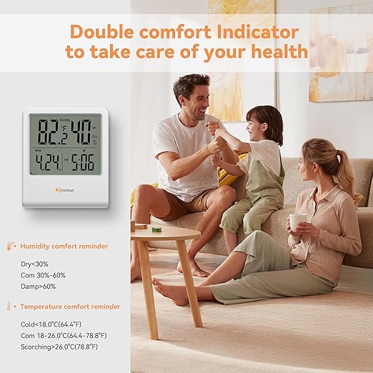 Indoor Thermometer, Room Thermometer and Hygrometer with Clock, Temperature and Humidity Meter with Clock, Double Comfort Indicator, Time, Date(White) - Image 6