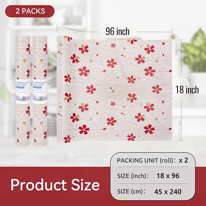 FIFTY FEET 18"x96" Non-Adhesive Shelf Liner for Kitchen Cabinets and Drawers, Washable Non-Slip PVC Cabinet Liner (Red Floral)(2 Roll) - Image 5