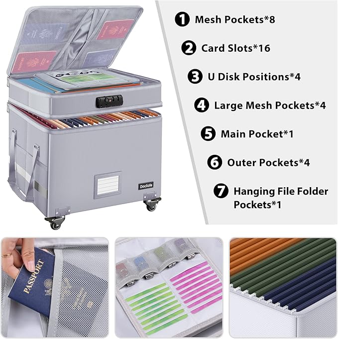 DocSafe Fireproof Document Box with Lock,2-Layer File Box with Wheels,Collapsible File Storage Organizer with Pockets,Large Portable Home Office Filing Cabinet Safe for Hanging Folders,Silver - Image 2