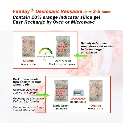5g x 30 packs Fonday Rechargeable Silica Gel Desiccant Packets Food Grade Fast Reactivate Desiccant Bags Moisture Indicating Orange to Green - Image 6
