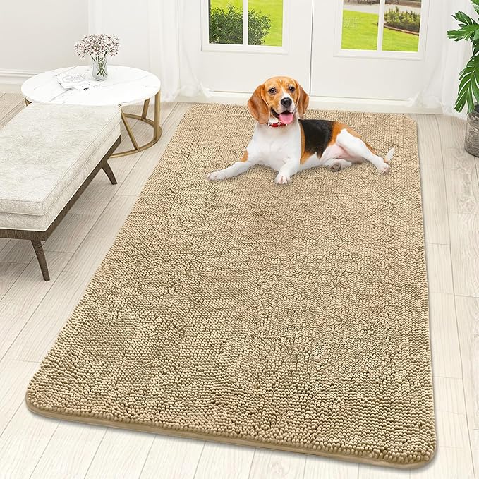OLANLY Dog Door Mat for Muddy Paws 59x32, Absorbs Moisture and Dirt, Absorbent Non-Slip Washable Doormat, Quick Dry Chenille Mud Mat for Dogs, Entry Indoor Entryway Carpet for Inside Floor, Beige by OLANLY