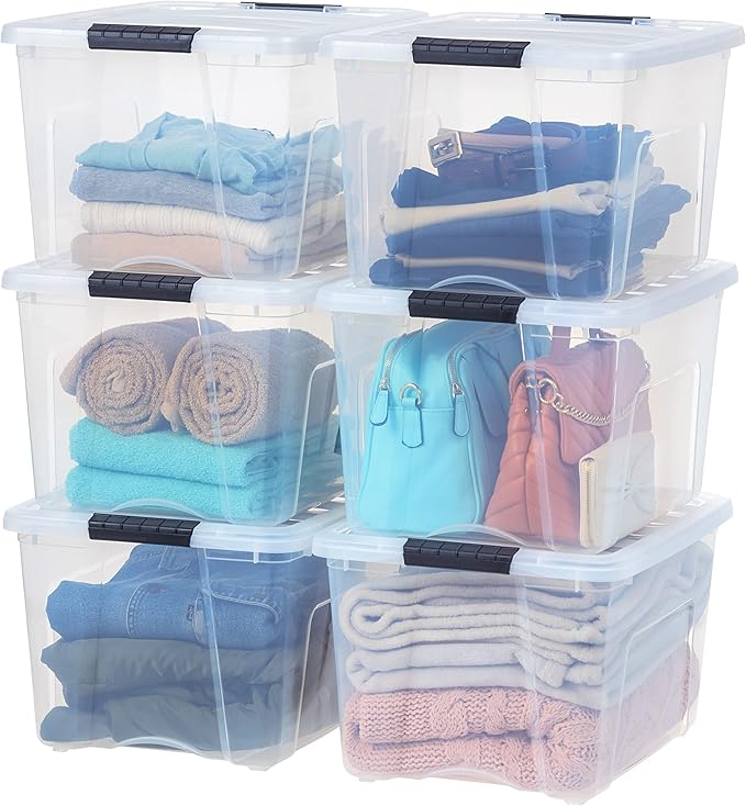 IRIS USA 40 QT Plastic Storage Box with Lid and Latches - 6 Pack - BPA-Free, See-Through Organizing Solution, Durable Nestable Stackable Containers, Secure Pull Handle - Clear by IRISUSA