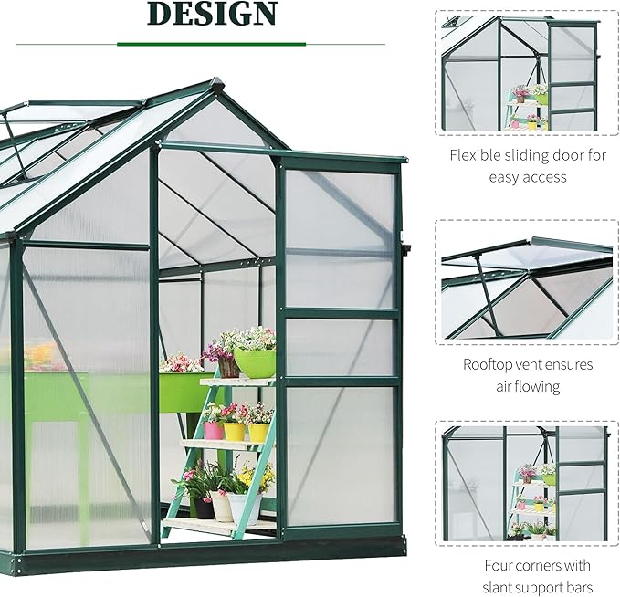 Outsunny 6' x 8' Greenhouse for Outdoors, Polycarbonate Greenhouse with Rain Gutter and Roof Vent, Aluminum Walk-in Green Houses for Outside for Patio Backyard Garden, Dark Green - Image 4