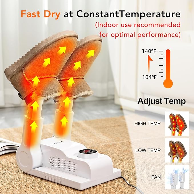 FORLIM [Upgraded Temperature Control] Shoe & Boot Dryer for Work Boots with 24-Hour Delay Timer, Portable Glove Dryer, Boot Warmer, Automatic Shut-Off Timer, Folding Design, Smart Panel, White - Image 2