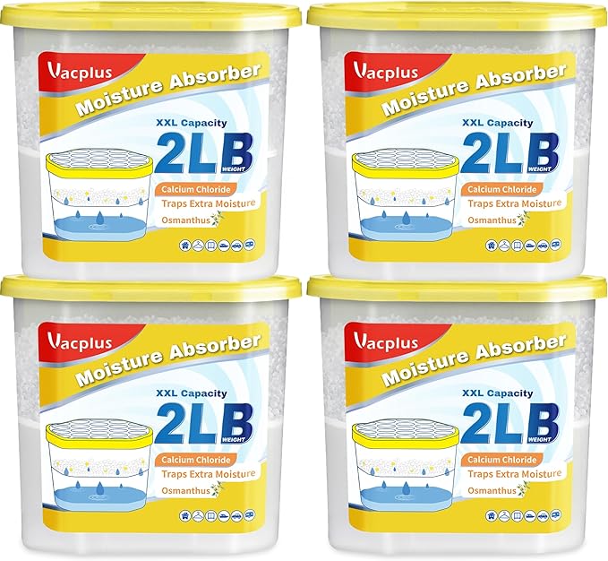 Vacplus Moisture Absorber Buckets – Large Capacity Dehumidifier and Humidity Absorber for Closet, Basement, Bathroom, RV, and Storage Areas, Osmanthus, 2 lbs, 4 Pack by Vacplus