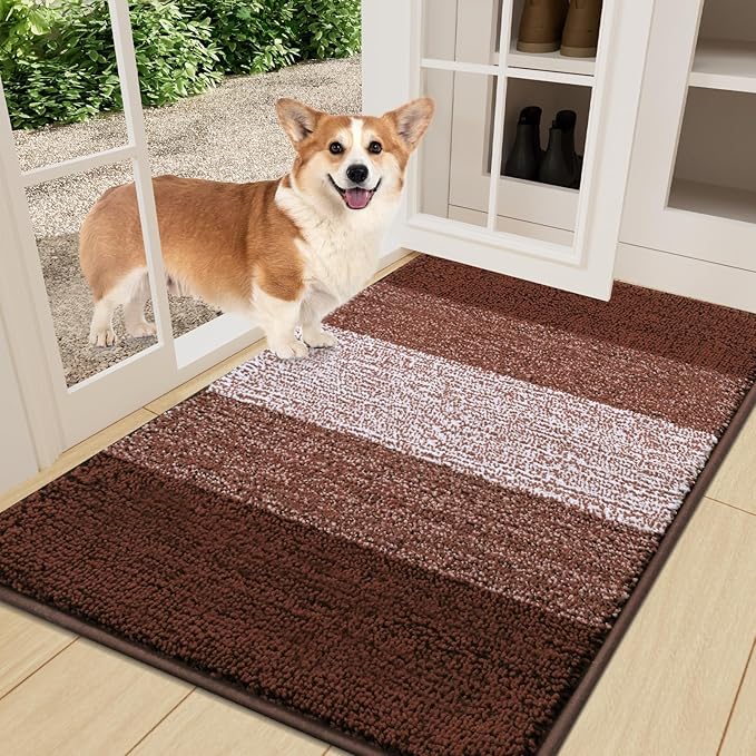 Smiry Dog Door Mat for Muddy Paws, Absorbs Moisture and Dirt, Low-Profile Entryway Mat with Non-Slip Backing, Entry Indoor Outdoor Doormat for Inside Floor (36x24 Inches, Brown, Striped) by Smiry