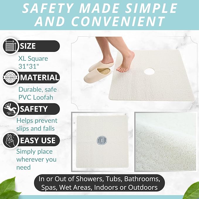 Enkosi Loofah Shower Mat with Drain Hole – Cushioned Anti-Slip Square Bath Mat for Showers, and Bathroom Floors – Textured PVC, Non Slip Safety Pad for Walk-in Stalls and Wet Areas (27x27 White) - Image 3