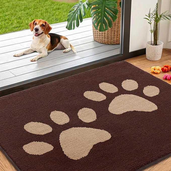 Smiry Dog Door Mat for Muddy Paws, Absorbs Moisture and Dirt, Low-Profile Entryway Mat with Non-Slip Backing, Entry Indoor Outdoor Doormat for Inside Floor (40x32 Inches, Brown, Paw) by Smiry