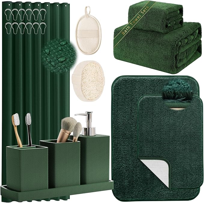 Green Bathroom Set, Dark Green Bathroom Accessories Set with Shower Curtain and Rugs, Bath Towel Sets, Natural Loofah Sponge, Soap Dispenser, Toothbrush Holder, Bathroom Tumbler and Tray for Bathroom by LetUsMakeHomeYourFavoriteDestination