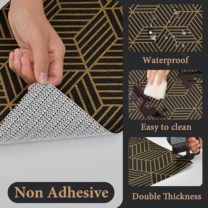 Shelf Liners for Kitchen Cabinets 12in x 30FT, Non Adhesive Cabinet Liner Strong Non-Slip Black Gold Geometric Drawer Liner, Easy to Clean for Shelf, Cabinet with Knife and Tape Measure - Image 3