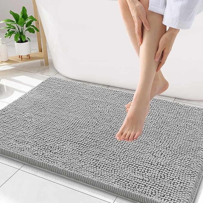 Smiry Luxury Chenille Bathroom Rugs 34x21, Extra Soft and Absorbent Shaggy Bath Mat, Machine Washable, Non-Slip Plush Carpet Runner for Tub, Shower, and Floor, Home Decor Accessories, Light Grey by Smiry